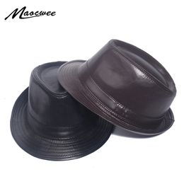Wide Brim Hats Bucket PU Leather Fedora Vintage Jazz Cap Cowboy Gentleman Bowler Short Floppy Trilby Panama Hat Hip Hop Black Men Women 231114