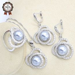 Wedding Jewelry Sets 3 Colors Pearl 925 Silver Wedding Jewelry Set for Women White Gray Pink Earrings Necklace Pendant Ring Gift Box 231115