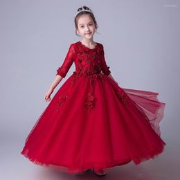 Girl Dresses Elegant Red Lace Flower Dress For Weddings Beaded Appliques Long Pageant Gown Princess First Communion Baby Bapt