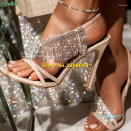 Sandals Tassel Back Strap Open Toe Nude Black Thin High Heel 2023 Runway Fashion Summer Women Shoes Fringe Handmade