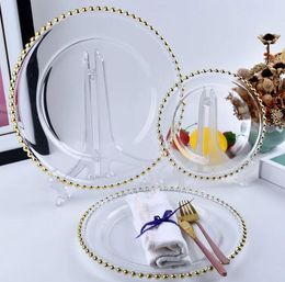 13 inches Clear Charger Plate with Gold Beads Rim Acrylic Plastic Decorative Dinner Serving Wedding Xmas Party Decor