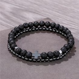 Charm Bracelets Fashion Black Cross Beaded For Men Boys Double Layers Adjustable Natural Stone Elastic Bracelet Super Thin Jewellery
