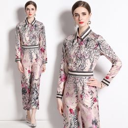 Women Tops and Pant Sets Designer Two Piece Set Elegant Print Lapel Button Print Shirt and Wide Leg Pants Suits 2023 Spring Fall Long Sleeve Casual Vacation Suits