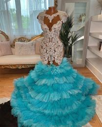 Elegant O Neck Long Prom Dress for Black Girls Beaded Birthday Party Dresses Crystal Evening Gowns Tassel Ruffles Gown Robe de Bal 322