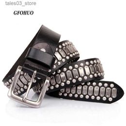 Belts 3.8CM Real Genuine Leather Belt Metal Pin Buckle Men Belt Male Wide Cowhide Hiphop Rock Rivet Belts for Men Ceinture Black Q231115