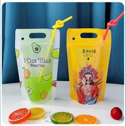 Storage Bags Plastic Self Sealing Portable Cartoon Hand Handle Takeout Beverage Bag Free Straw Drinks Juice Coffee Liquid Packing