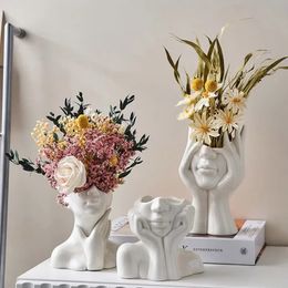Vases Modern Simple Ceramic Human Face Flower Vase Head Plant Pot Nordic Art Creative Home Living Room Decor 231115