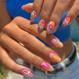 False Nails 24pcs Girlish Colourful Graffiti Nail Art Fake Nails With Plants Flowers Patterns Short Press on False Nails With Wearing Tools YQ231119