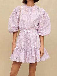 Casual Dresses Summer MAJ Cotton Dress Women Fashion Embroidery Hollow Out Mini Ladies French Elegant Ruffle Oneck Robe 230414