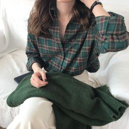 Women's Blouses QWEEK Vintage Women's Plaid Shirt Korean Fashion Green Long Sleeve Tops Oversized Preppy Harajuku Chic Aesthetic Clothes