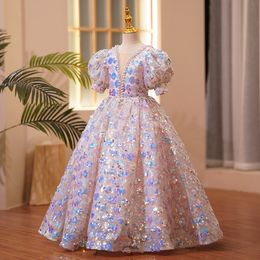 2023 Flower Girls Dress backless lace up Long crystal beaded 3D Floral Apliques tutu puffy Girls Pageant Dresses Lovely Hand Made tutu Flowers Birthday party Dress