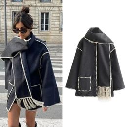 Women's Fur Faux Fur TRAF Woman Woollen Coat With Scarf Loose Long Sleeve Jacket Coat Autumn Winter Women's demi-season jacket Fashion Outerwears 231115