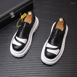 Dress Shoes Men Black White Glossy Genuine Leather Design Chunky Platform Loafers Wedding Office Business Luxury 1