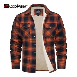 Mens Jackets MAGCOMSEN Fleece Plaid Flannel Shirt Jacket Button Up Casual Cotton Thicken Warm Spring Work Coat Sherpa Outerwear 231114