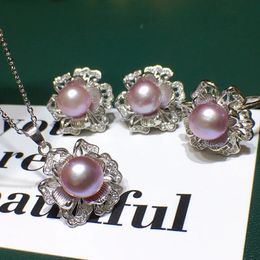 Wedding Jewellery Sets one set freshwater pearl white 8-9mm pendant /earrings/Ring gray/pink/black/yellow/purple 231115