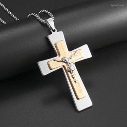 Pendant Necklaces Charm Men's Stainless Steel Christ Gold Colour Cross Jesus Necklace Religious Prayer Amulet Jewellery Gift