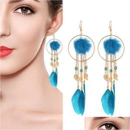 Dangle Chandelier Hairball Tassel Chain Feather Earrings Womens Long Bohemian Style Pearl Boho National Exaggerated For Wo Dhgarden Dhmln