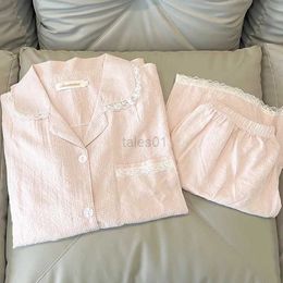 Women's Sleep Lounge Pink Pajamas Women's Summer Cotton Linen Short-sleeved Shorts Suit Sweet Lace Cardigan Summer Can Be Worn Outside The Home Wear zln231115