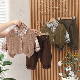 Clothing Sets 2023 Born Baby Boy Clothes Plaid Turndown Collar ShirtOutfit Knitted Sweater Vest Pants 3pcs Fall Winter