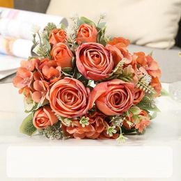 Decorative Flowers Wedding Bride Red Pink Roses Hydrangea Bouquet Simulation Hall Decoration Kimberley Rose Silk Fake Flower