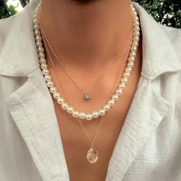 Pendant Necklaces Salircon Punk Liquid Metal Necklace Fashion Imitation Pearl Chain Multi Layered Men's Charm Leisure Jewellery