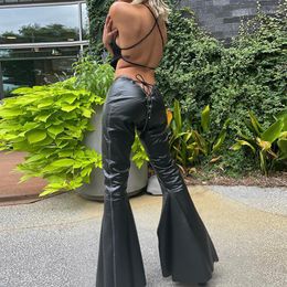 Women's Pants Low Waisted Faux Pu Leather Women's Nighclub High Street Fashion Trousers Hollow Out Lacing 2023 Sexy Black Sweatpants Y2K