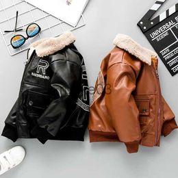 Down Coat 2023 New Fashionable Boy's PU Leather Jacket for Winter Thickened and Lined with Plush for Boys Aged 3-8 J231115