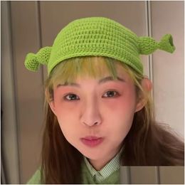 Berets Uni Clava Monster Shrek Hat Halloween Bonnet Hand Made Winter Knit Hats Green Party Funny Sklies Beanie Capberets Dro Dhgarden Dhbfk