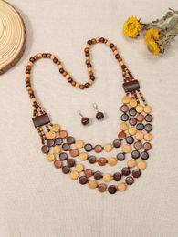 Necklace Earrings Set Bohemian Vintage Festive Wooden Jewelry With Long Sweater Chain