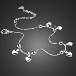 Anklets 100% 925 Sterling Silver Heart Ankle Pendant Beaded Foot Jewellery Summer Beach On Foot Ankle Bracelets For Women Leg Chain 231115