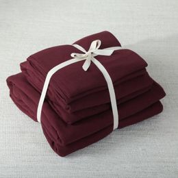Bedding Sets 4pcs Cotton Jersey Knitted Fabric Luxury Bedroom Set Dark Red Solid Colour Bed Linen