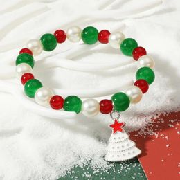 Charm Bracelets Cute Pearl Beads Xams Tree Deer Bracelet For Women Christmas Santa Claus Snowflake Bell Elastic Rope Party Year Jewellery Gift