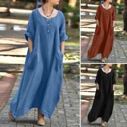 Casual Dresses Cotton Linen Beach Dress Double Pocket Round Neck Solid Colour Summer Travelling Loose Long Streetwear Clothes