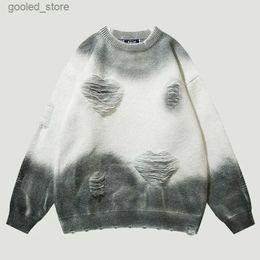 Men's Sweaters Retro Tie-dye Y2K Knitted Sweaters Mens Streetwear Harajuku Distressed Hole Jumper Autumn Casual Loose O-Neck Pullover Couples Q231115