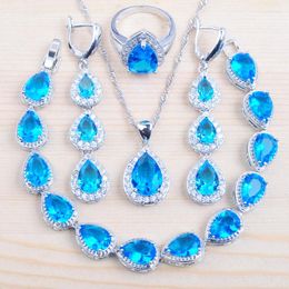 Necklace Earrings Set Amazing Present Blue Crystal Silver Color Costume Jewelry For Women Bracelet Pendant Ring QS0182