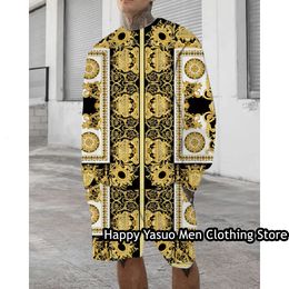 Mens Tracksuits Luxury Men Long Sleeve TShirt Short Pants Set 2 Pieces Gold Pattern Outfit Vintage Jogging Suit Male Fashion Trend Clothing 230414