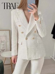 Womens Suits Blazers TRAF Beige Tweed Women Blazer Jacket Office Lady Solid Double Breasted Button Up Coat Casual Streetwear 231115