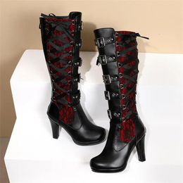 Boots Women Black Lace High Boots Square Toe Thick Sole Lace Up Multi-belt Buckle Fashion Street Catwalk Women boots 231115