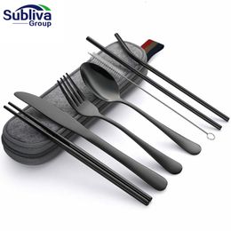 Dinnerware Sets 8Pcsset Tableware Reusable Travel Cutlery Camp Utensils with stainless steel Spoon Fork Chopsticks Straw Portable case 230414