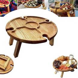 Decorative Objects Figurines Wooden Outdoor Folding Picnic Table With Glass Holder Round Foldable Desk Wine Rack Collapsible for Garden Party 231115