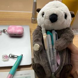 Pencil Bags Kawaii evers Sea Otter Pencil Case Plush Sea Otter Doll Pencil Bag Pouch Make Up Bag Stuffed Animal Fluffy Stationerys Bag 231115