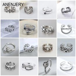 Cluster Rings ANENJERY Star Letter Zircon Leaves Chain Open Men Women Vintage Craft Thai Silver Colour Hip Hop Party Jewellery Anillos