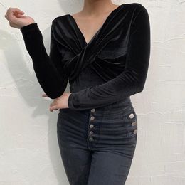 Women's Jumpsuits & Rompers Black Velvet Cross Bandage Winter Bodysuit Women Casual Sexy V Neck Long Sleeve Body Top Korean Fashion Bodycon