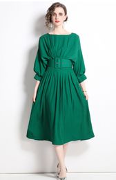 Casual Dresses New Arrival Runway Summer Green Pleated Dress Elegant Women O Neck 3/4 Batwing Sleeve High Waist Midi Dress Vestidos With Belt 2023