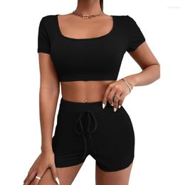 Women's Tracksuits Women's Shorts Suit 2023 Summer Solid Color Revealing Fashion Square Neck Drawstring Tight
