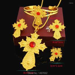 Necklace Earrings Set Latest Stone Ethiopian Cross Jewelry 24k Gold Color Jewellery African Dubai Bridal Nigeria Wedding Sets