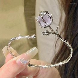 Bangle Y2K Fashion Rose Flower Thorns Open Bracelet Vintage SIlver Colour Metal Liquid Bracelets For Women Aesthetics Jewellery