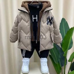 Down Coat 2023 Winter Boys Fake Two Pieces Jacket Lining Plus Velvet Thicken Keep Warm Hooded Windbreaker For 4-14Y Down Cotton Overcoat J231115