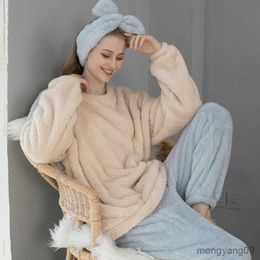 home clothing Fleece Pyjama Set Women's Solid Long Sleeve Winter Terry Ladies Suit with Long Pants Thick Warm Home Clothes Female R231115