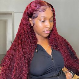 Synthetic s Glueless Burgundy Deep Wave Human Hair Curly 13x6 Hd Lace Frontal For Women Red Colour 13x4 Water Front 231115